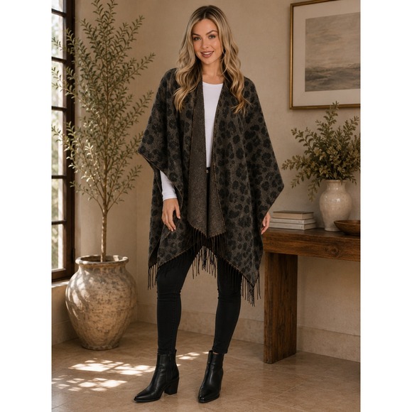 Woolrich Sweaters - Woolrich Poncho Womens OS Brown Lana Leopard Print Fringe Open Front Wrap